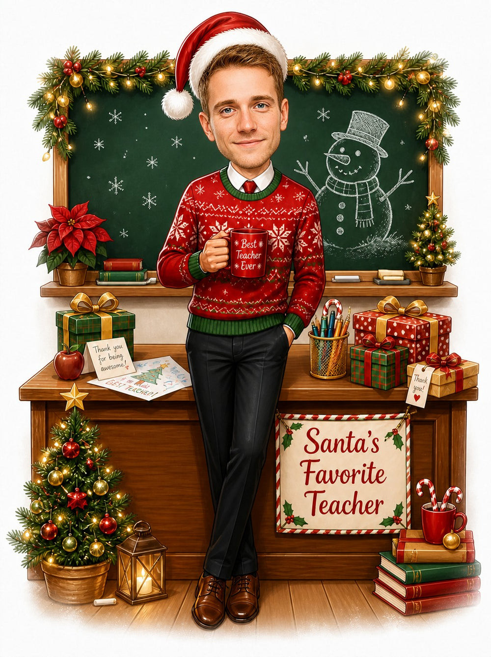 Male teacher in Santa hat with Best Teacher Ever mug, chalkboard snowman, gifts, and Santa’s Favorite Teacher sign.