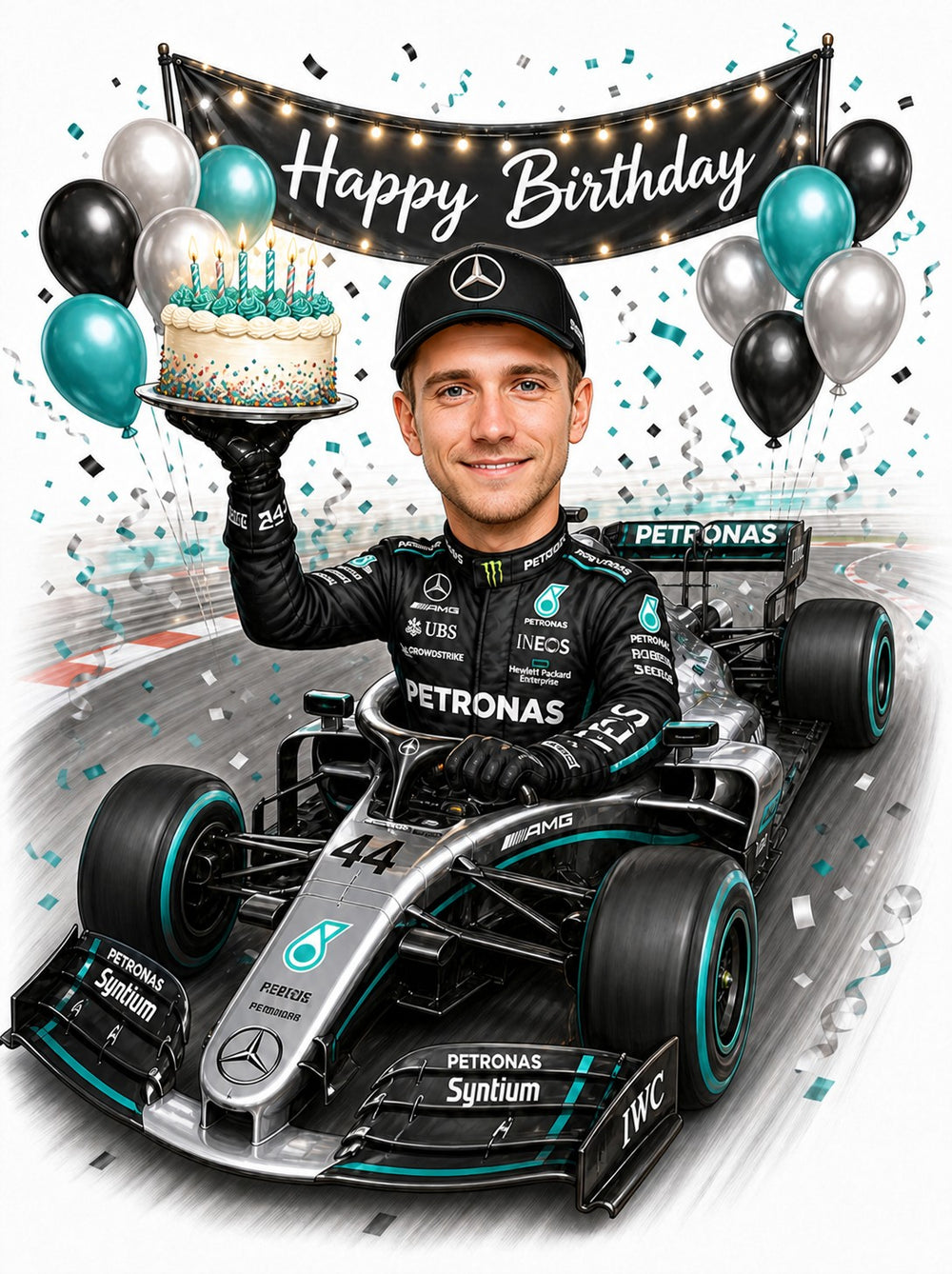 F1 driver in silver race car holding birthday cake, balloons and Happy Birthday banner
