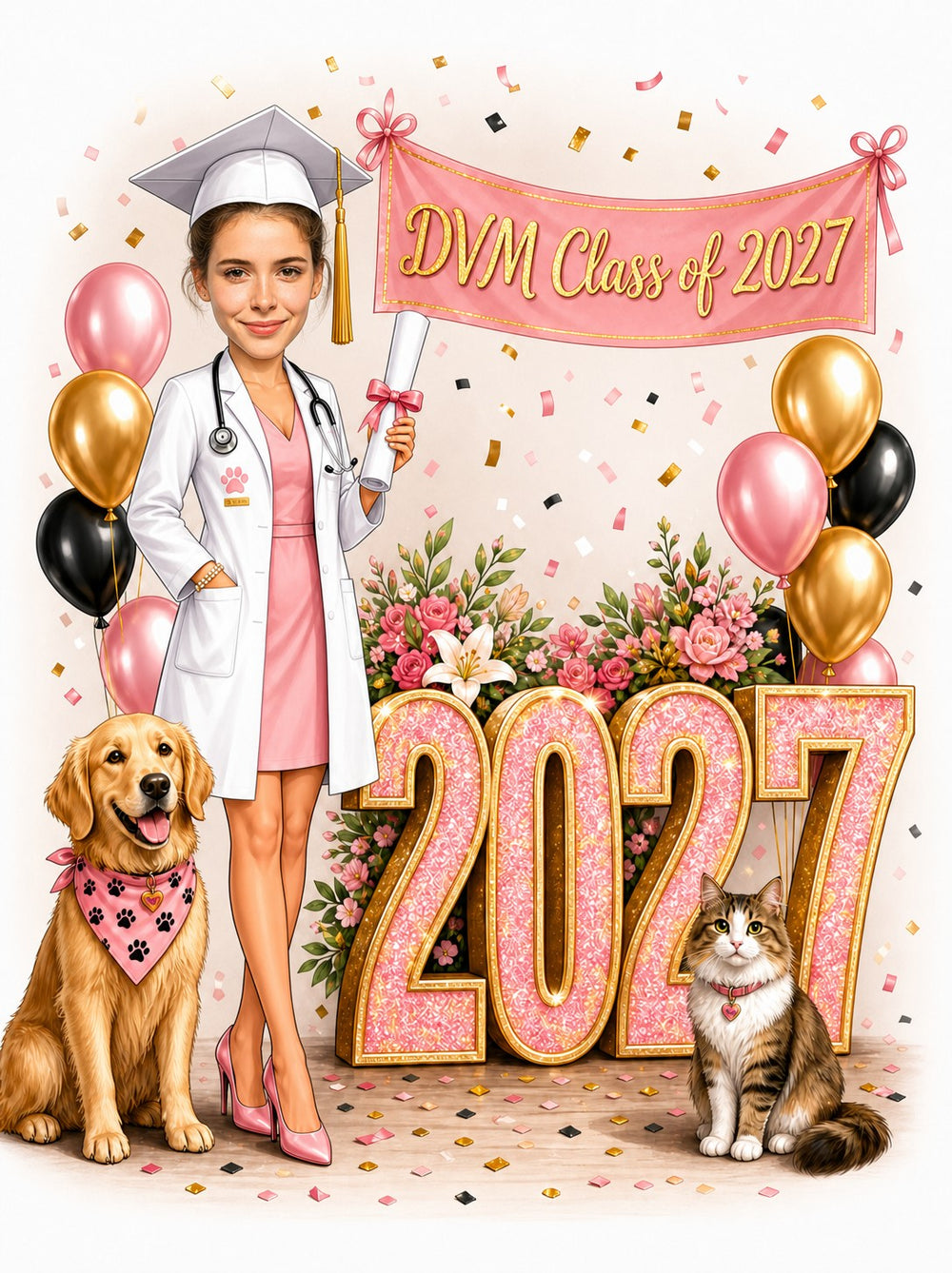 Female vet graduate caricature with DVM Class of 2027 banner, white coat, stethoscope, dog and cat.