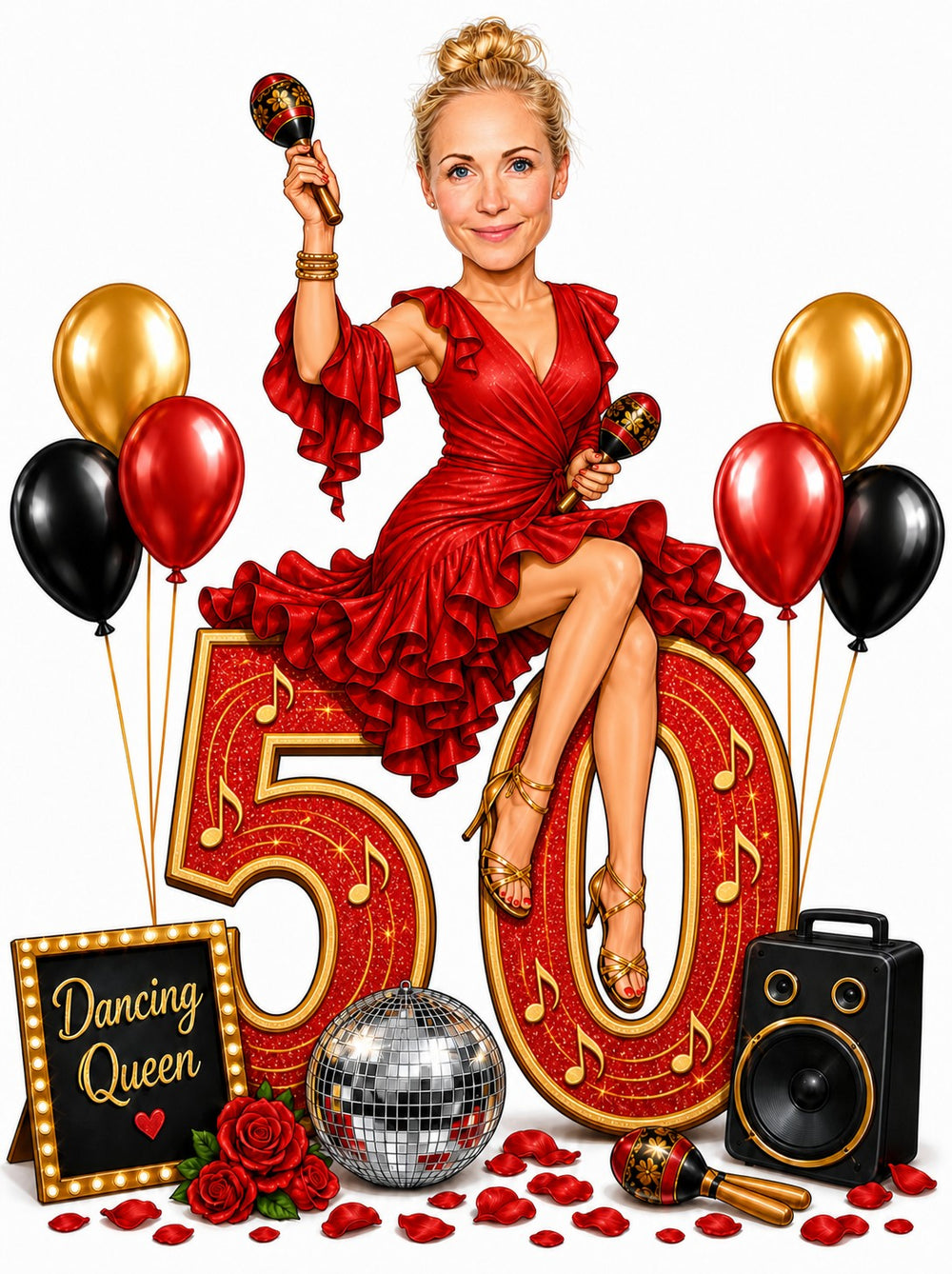 Woman in red ruffled dress with maracas on glittery 50, balloons and disco ball.