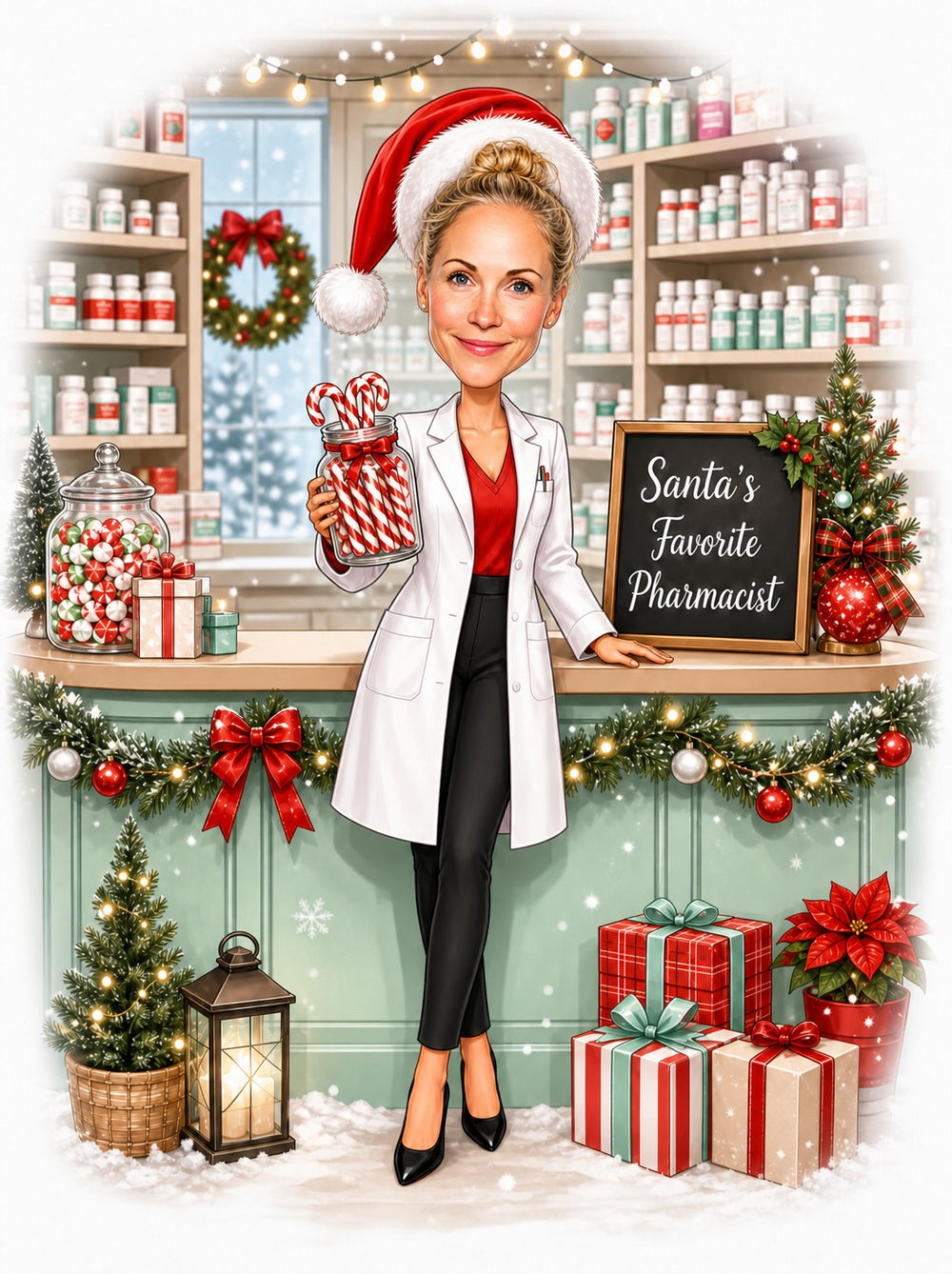 Female pharmacist in Santa hat holding candy canes, Christmas pharmacy counter and chalkboard sign.