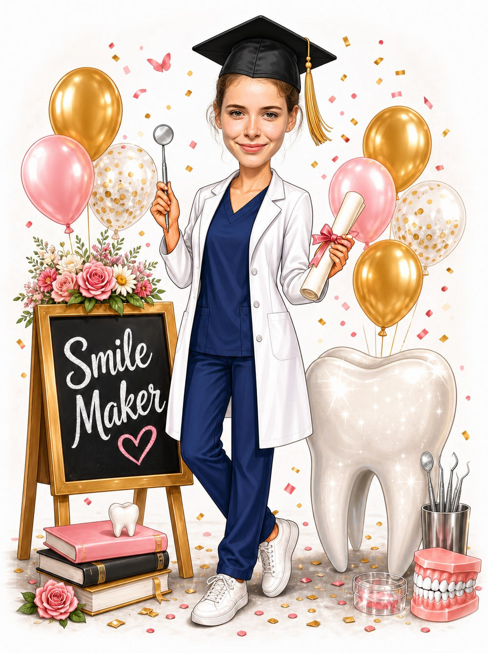 Female dental graduate caricature with cap, Smile Maker chalkboard, balloons, giant tooth and diploma.