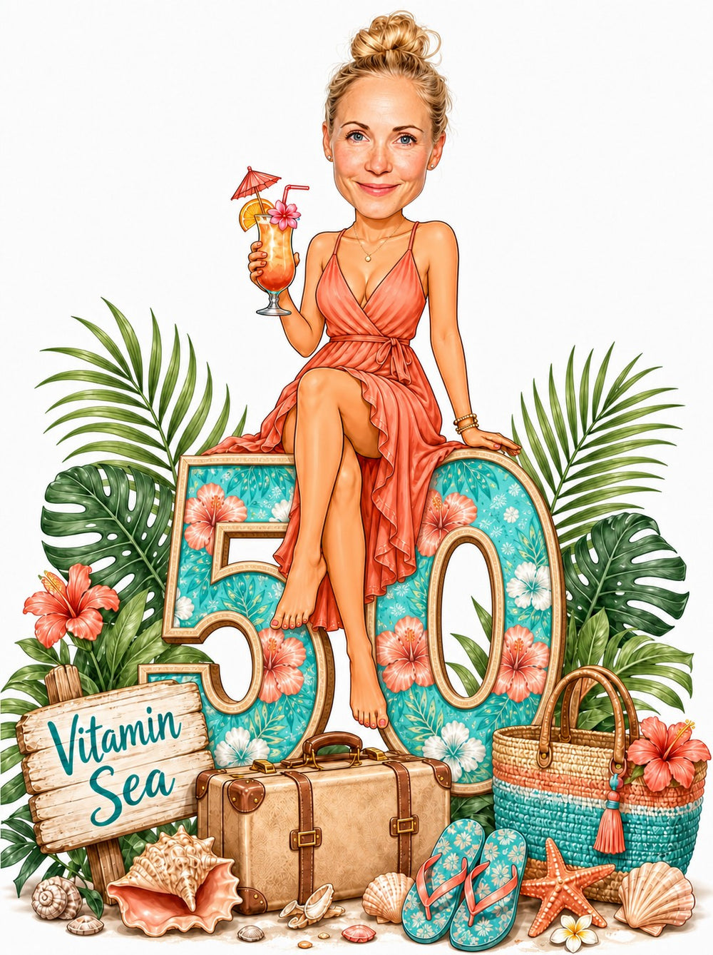 Woman on floral 50 number holding tropical drink, Vitamin Sea sign, flip-flops.