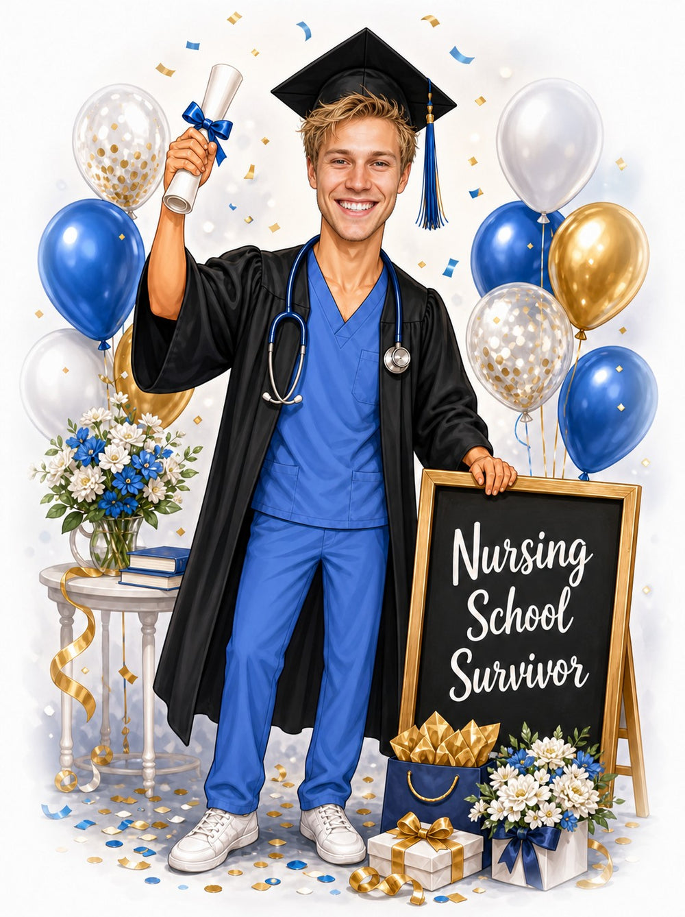 Male nurse grad caricature with cap, diploma, stethoscope and Nursing School Survivor board.
