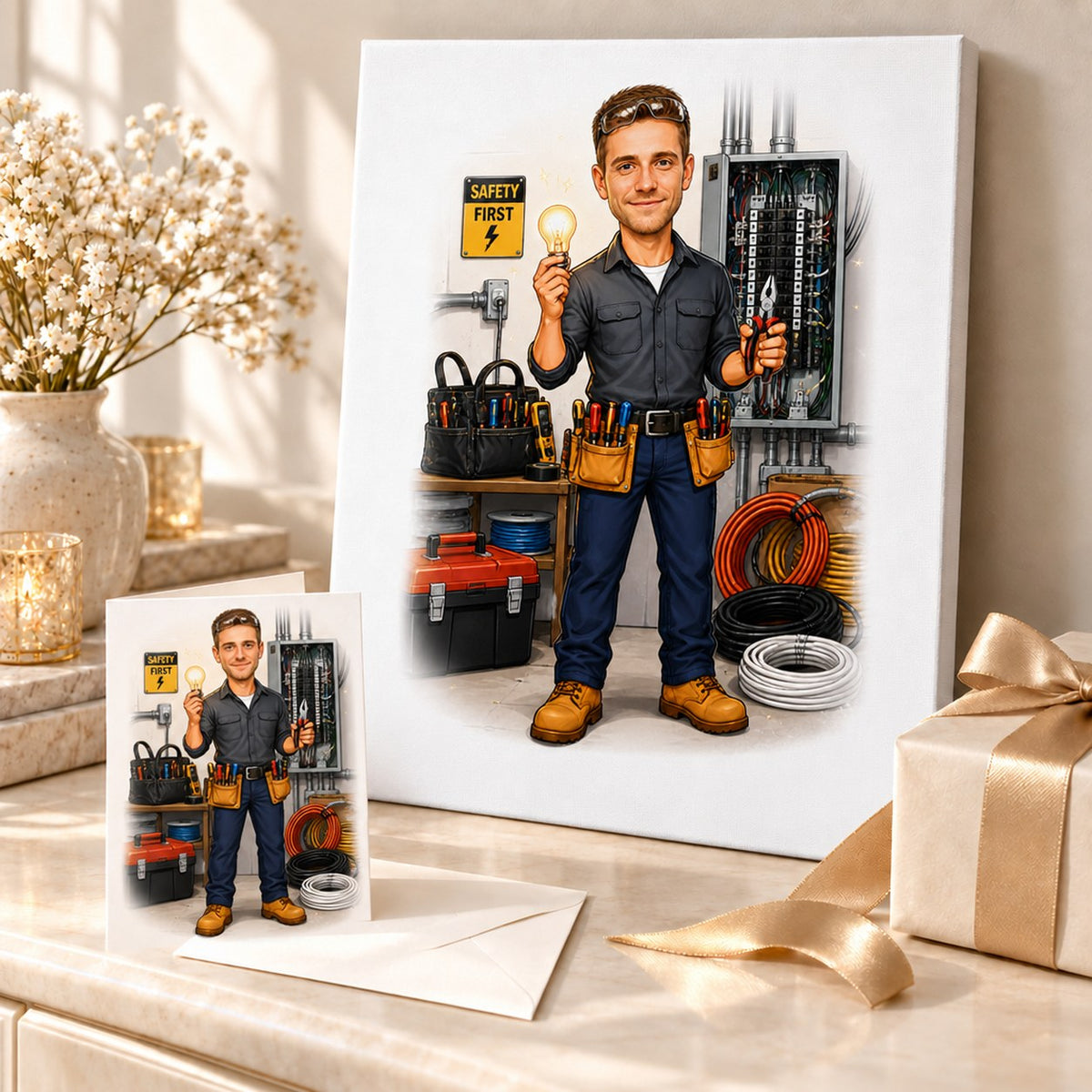 Electrician cartoon on canvas and 5x7 card, gift-wrapped with toolbox and cables.