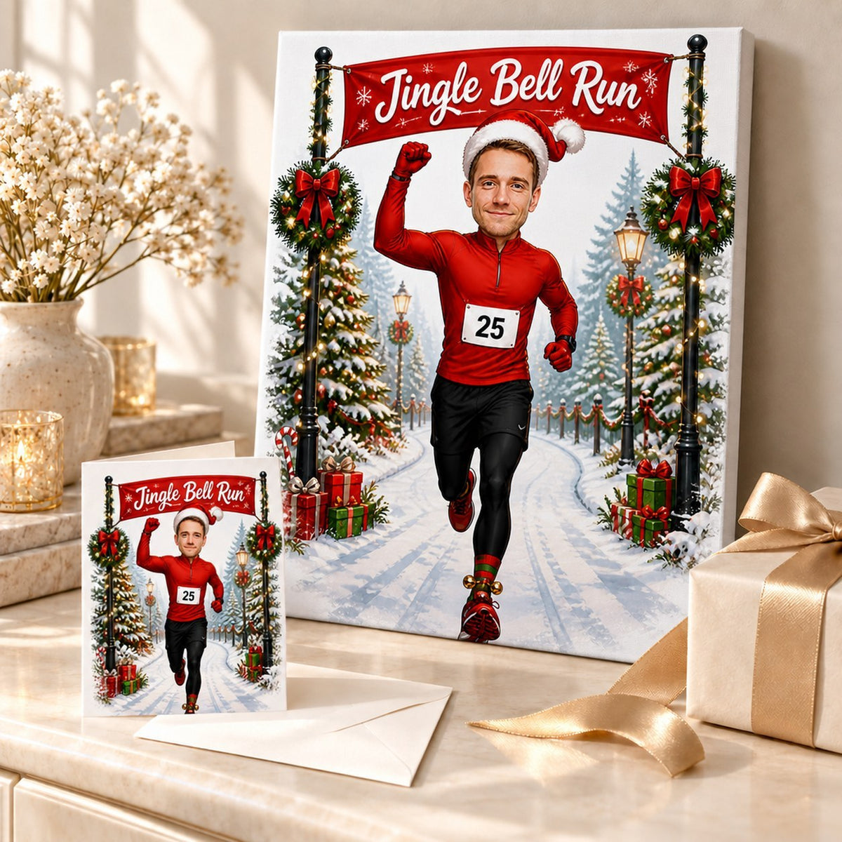 Christmas runner caricature printed on canvas and greeting card beside wrapped gifts