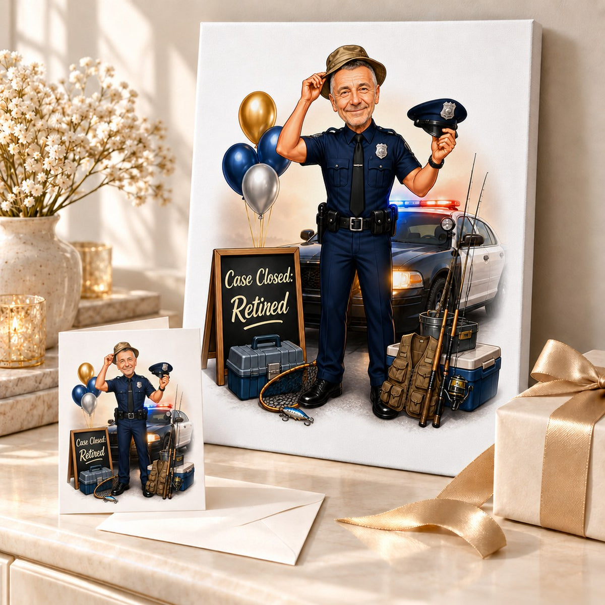 Stretched canvas and 5x7 greeting card of police retirement cartoon shown as a gift