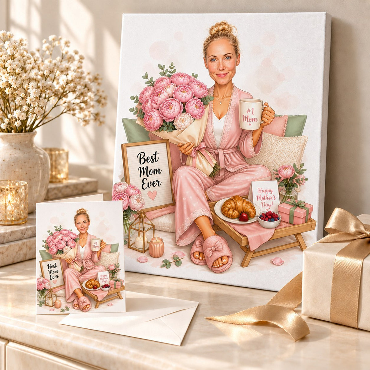 Canvas and greeting card of the mom caricature beside flowers and a wrapped present.