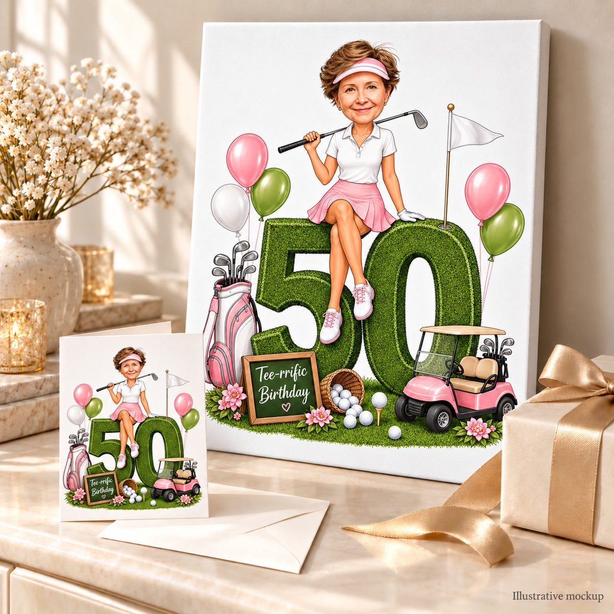 Stretched canvas and 5x7 card of golf birthday caricature displayed with balloons and gifts.