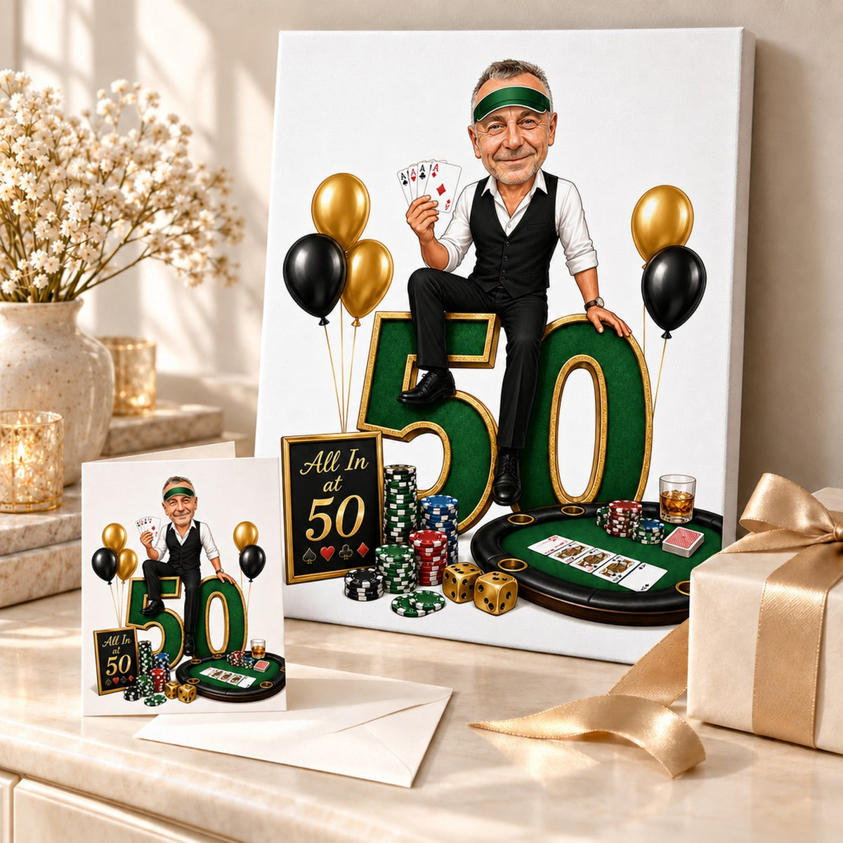 Poker birthday caricature on canvas and greeting card beside balloons and wrapped presents.