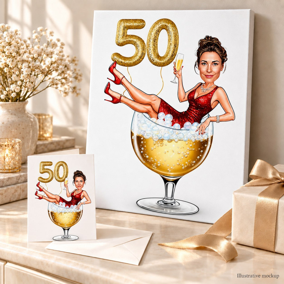 Champagne birthday caricature on canvas and 5x7 card beside wrapped gift.