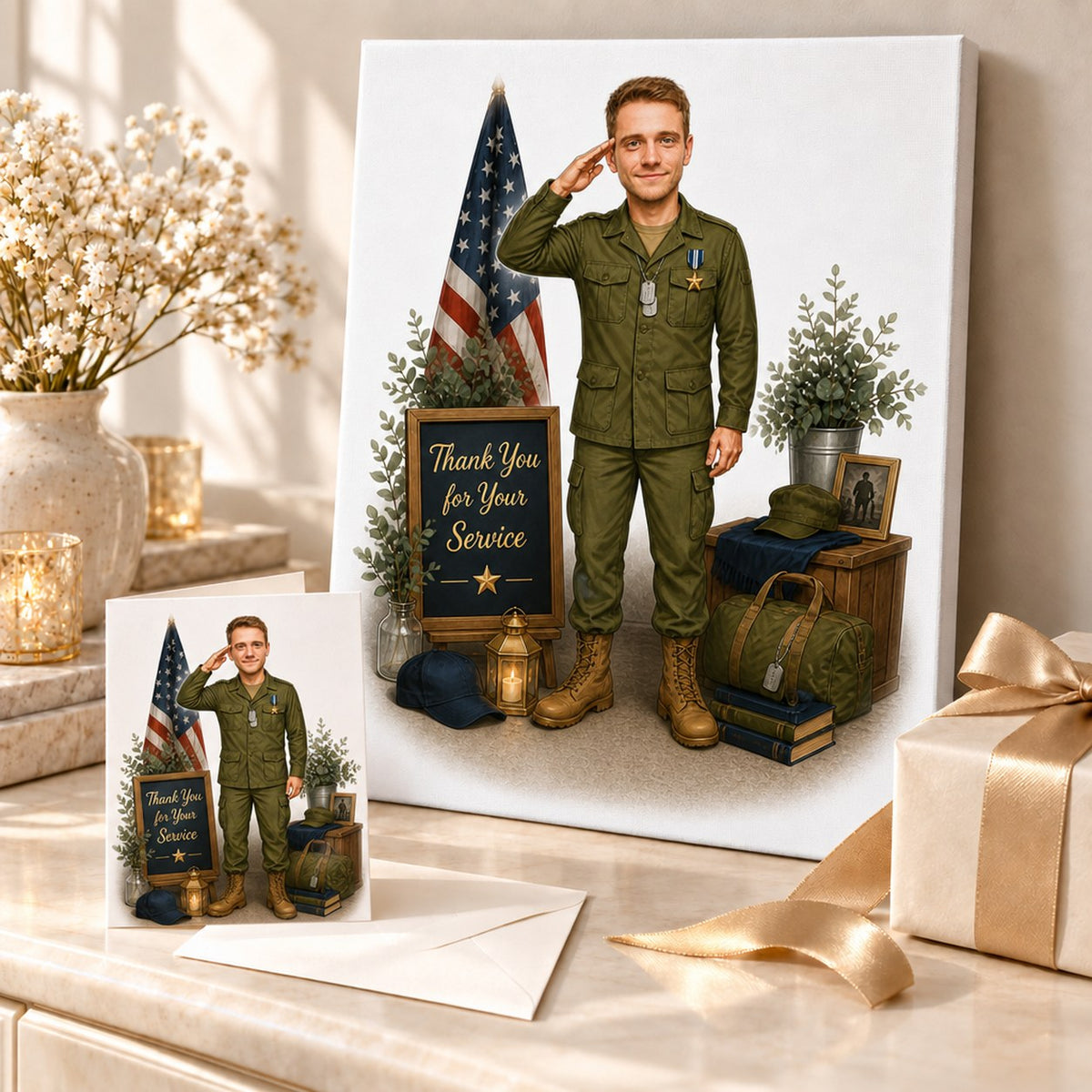 Canvas and greeting card of custom soldier caricature displayed with ribbon and gift box.