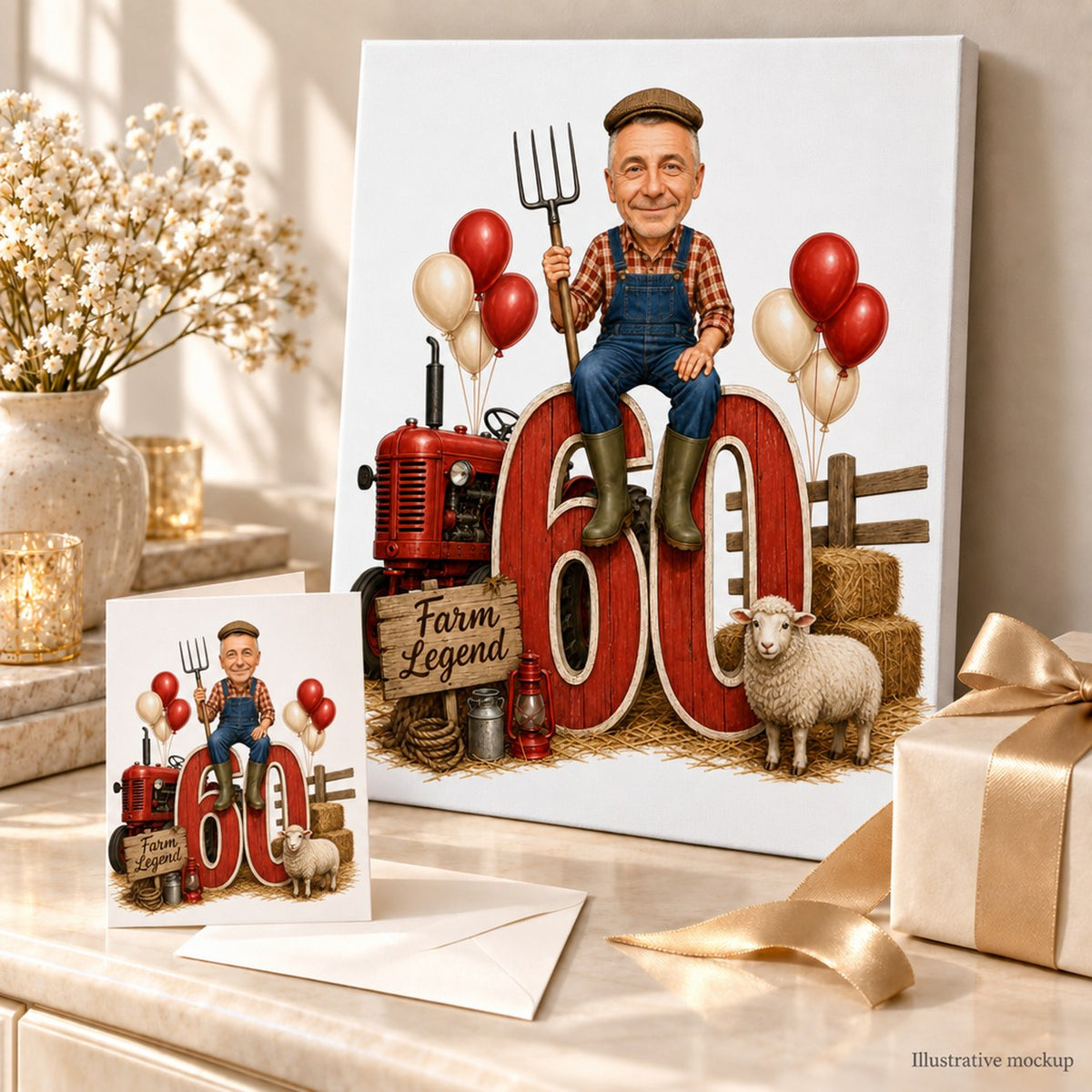 farmer birthday caricature on canvas and greeting card in rustic gift scene