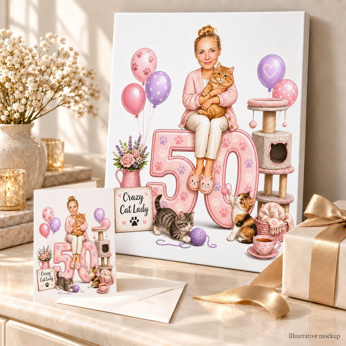 Cat lover birthday caricature on canvas and greeting card beside ribboned gift box and flowers.