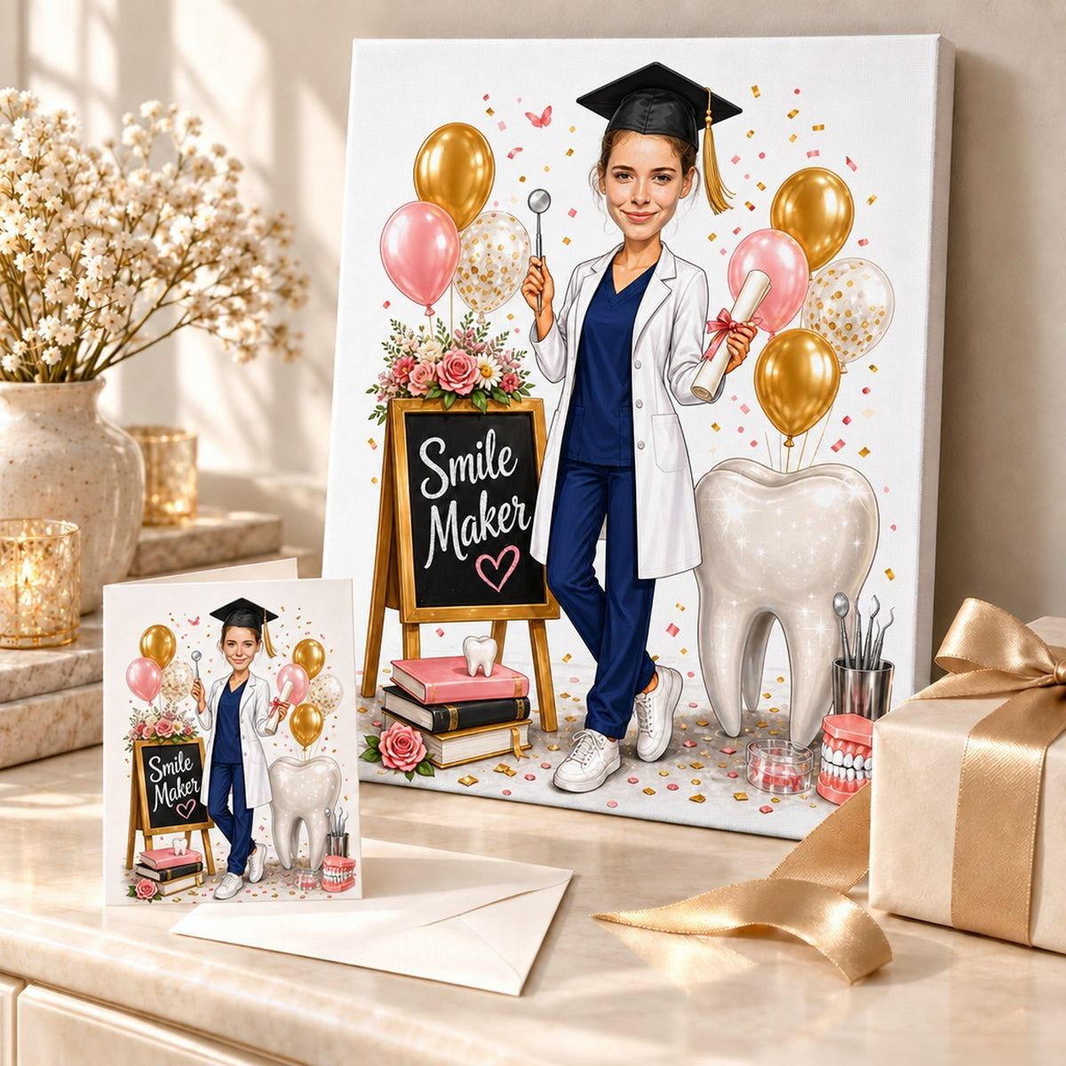 Canvas and greeting card showing personalized dental graduation caricature, ready to gift to a new dentist.