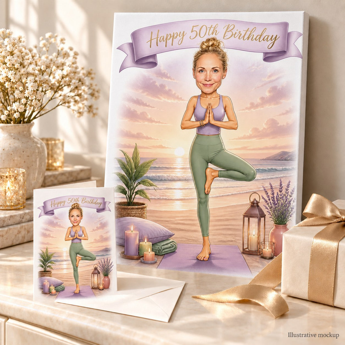 Yoga caricature printed on canvas and greeting card, staged with ribbon and candles.