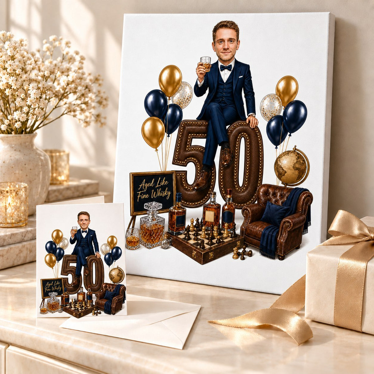 Stretched canvas and 5x7 card of gentleman caricature displayed beside party balloons and gift box.