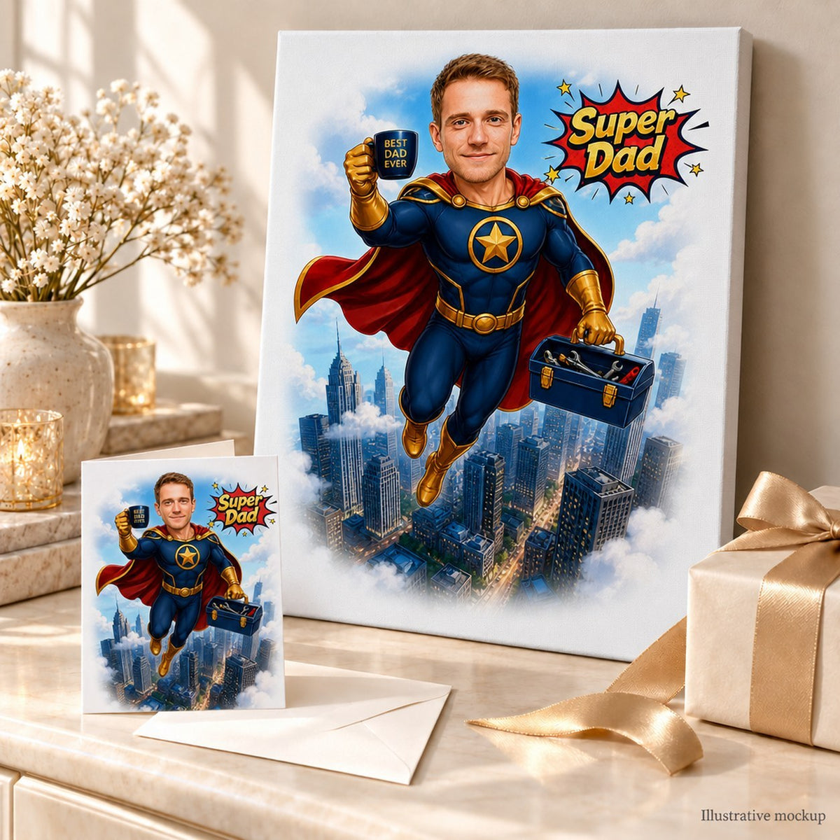 Canvas and 5x7 card of Super Dad caricature shown in a gift-ready setup.