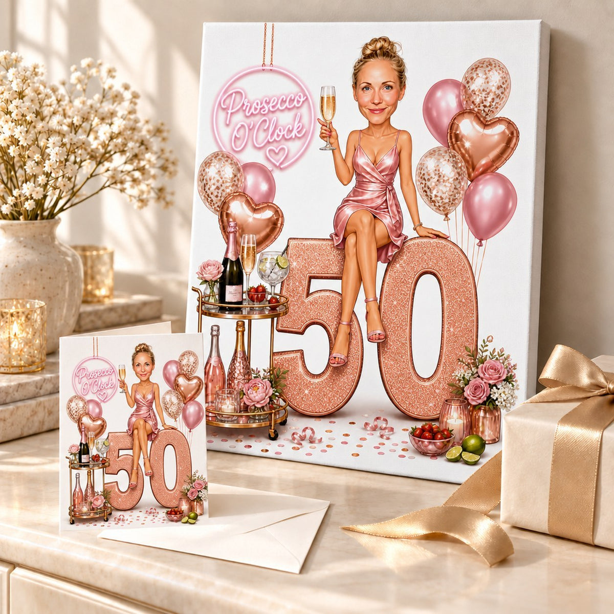 Stretched canvas and 5x7 card of prosecco caricature, styled with ribbon and flowers.