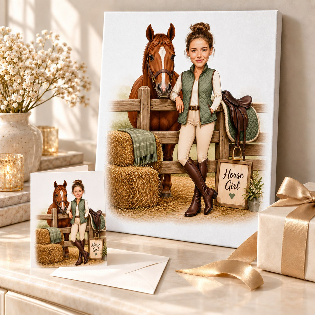 Canvas and greeting card of equestrian caricature arranged with ribbon and rustic hay decor.