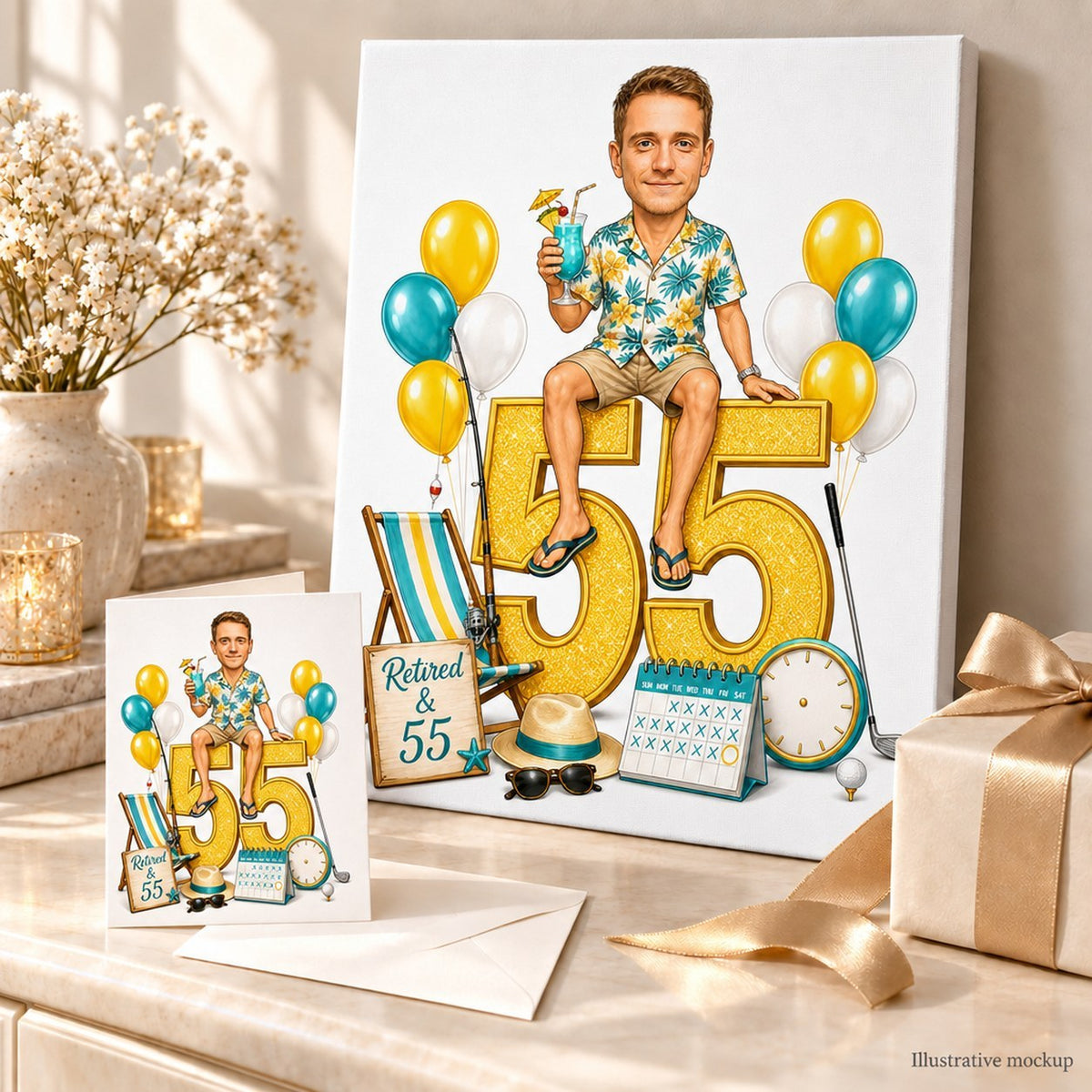 Retirement birthday caricature on canvas and 5x7 greeting card, ready to gift