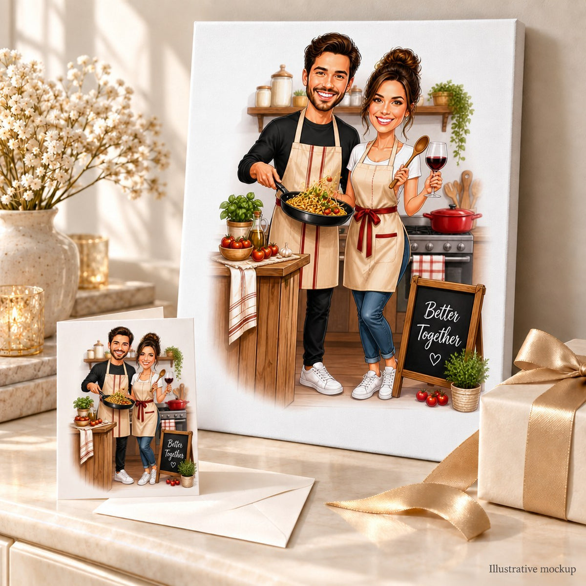 Stretched canvas and 5x7 greeting card of cooking couple caricature shown in a gift scene.