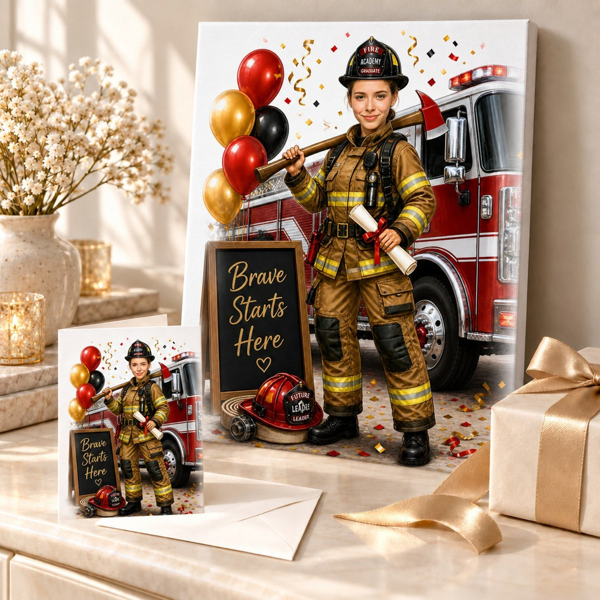 Fire academy graduation caricature on canvas and greeting card beside wrapped gift box.