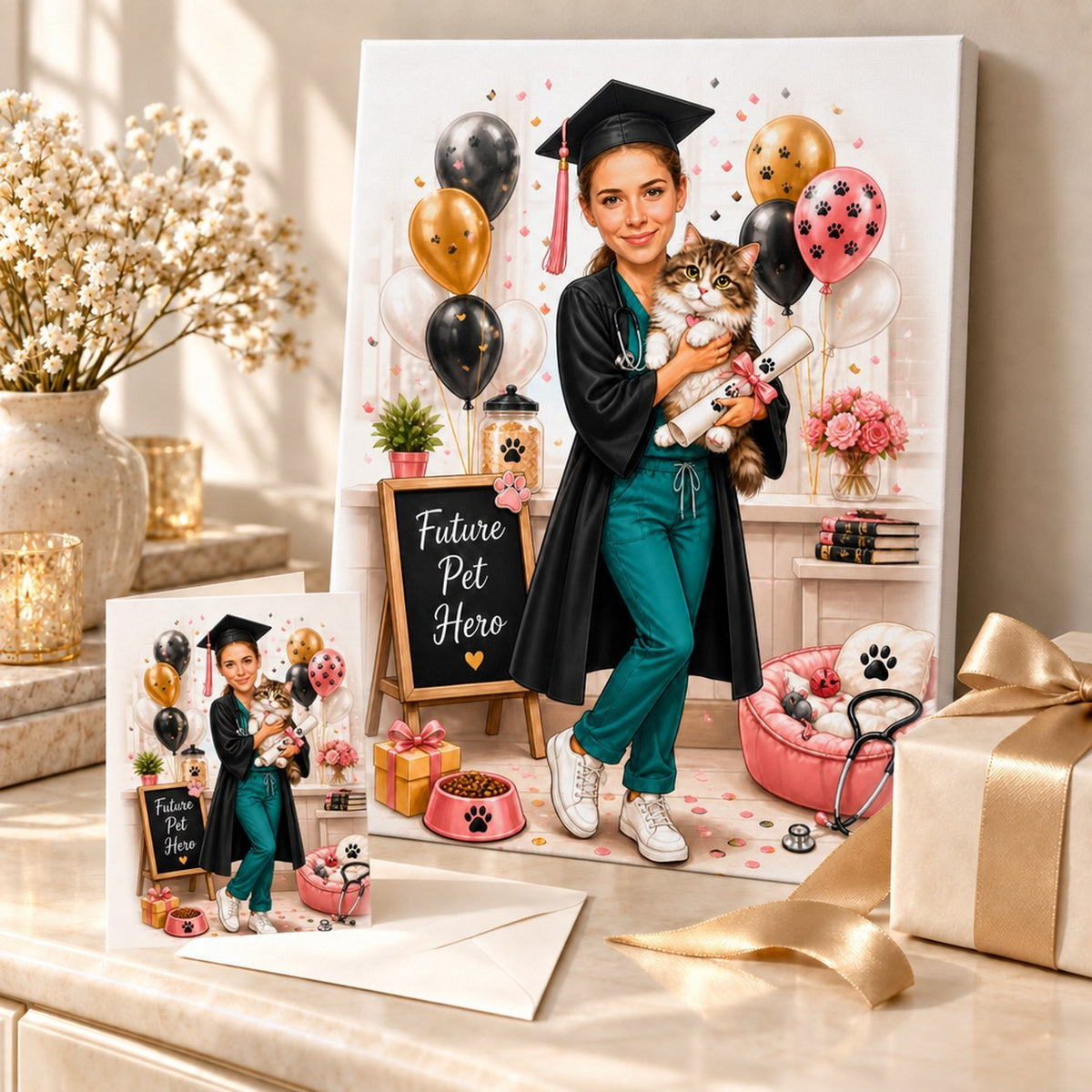 Canvas and 5x7 greeting card of veterinary graduation caricature arranged beside flowers and wrapped gift box.