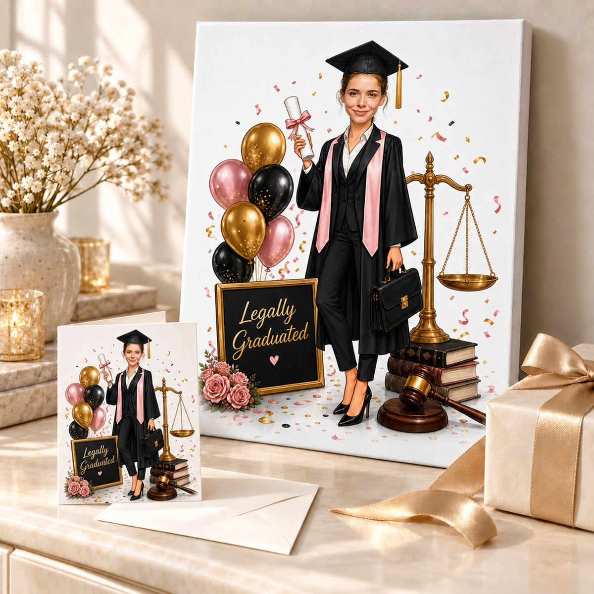 Stretched canvas and 5x7 greeting card shown as a gift with balloons.