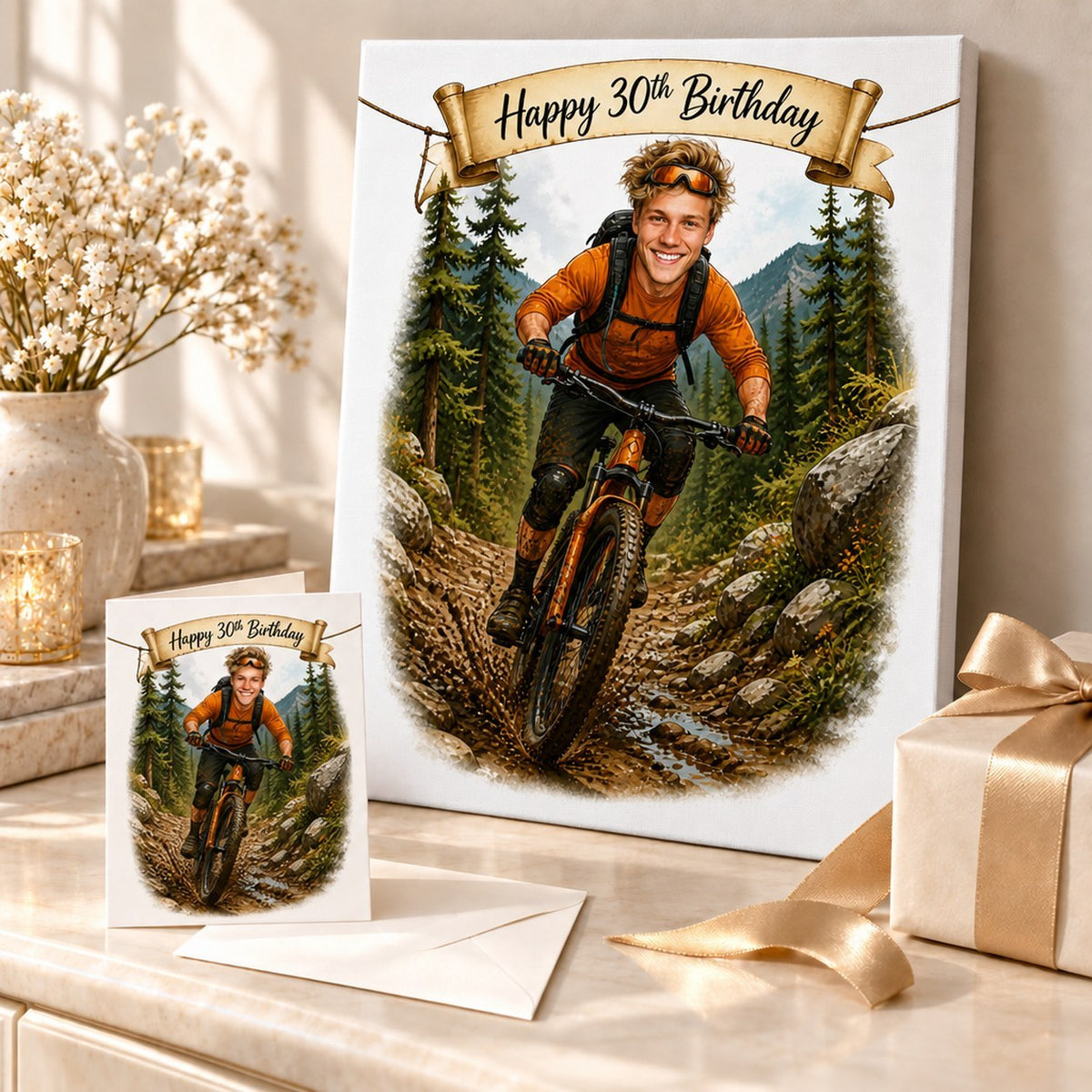 Stretched canvas and 5x7 greeting card of personalized mountain biker caricature shown in a gift scene.