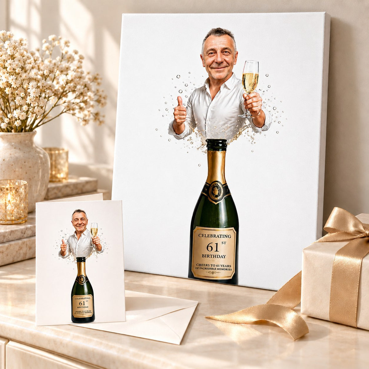 Stretched canvas and 5x7 greeting card of champagne birthday caricature next to wrapped gift box