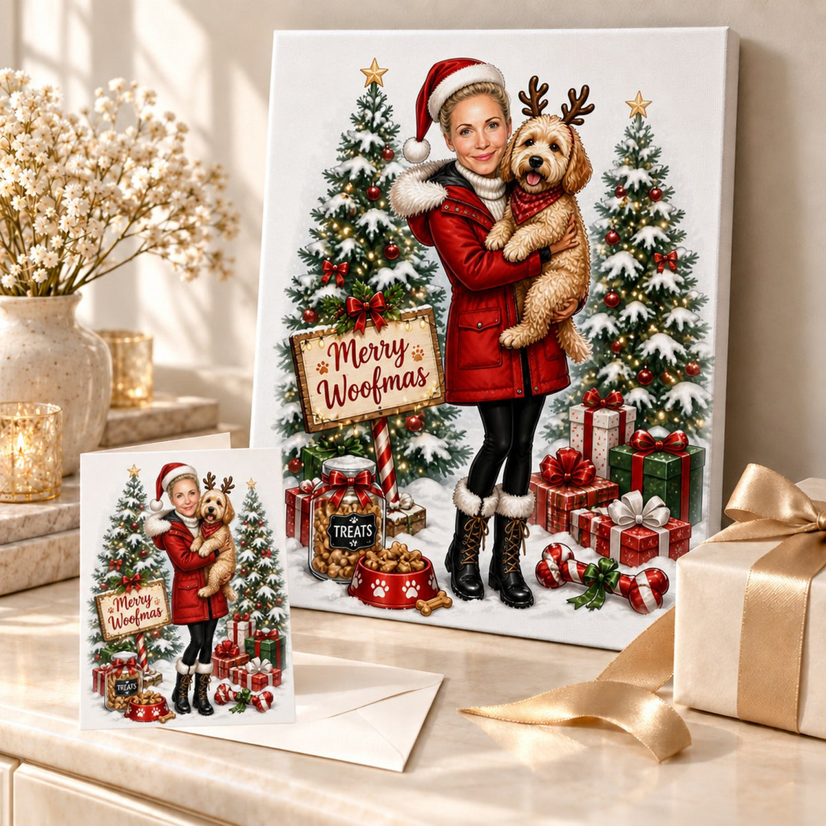 Merry Woofmas dog caricature printed on canvas and 5x7 card in holiday gift scene