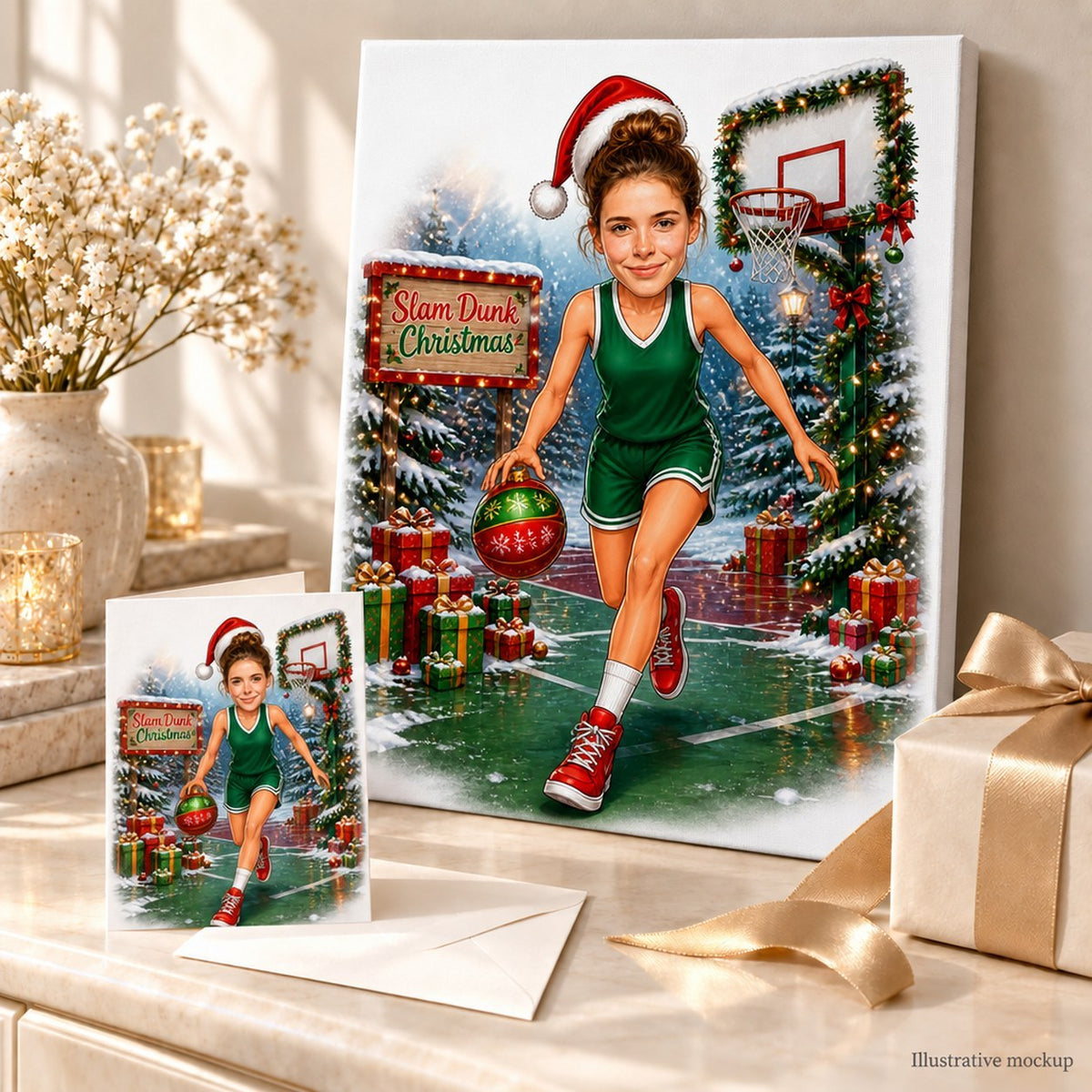 Basketball Christmas caricature on stretched canvas and 5x7 card in holiday scene.