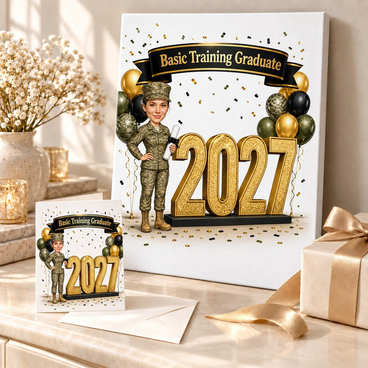Canvas and 5x7 card of military graduation caricature shown with ribbon and party confetti.
