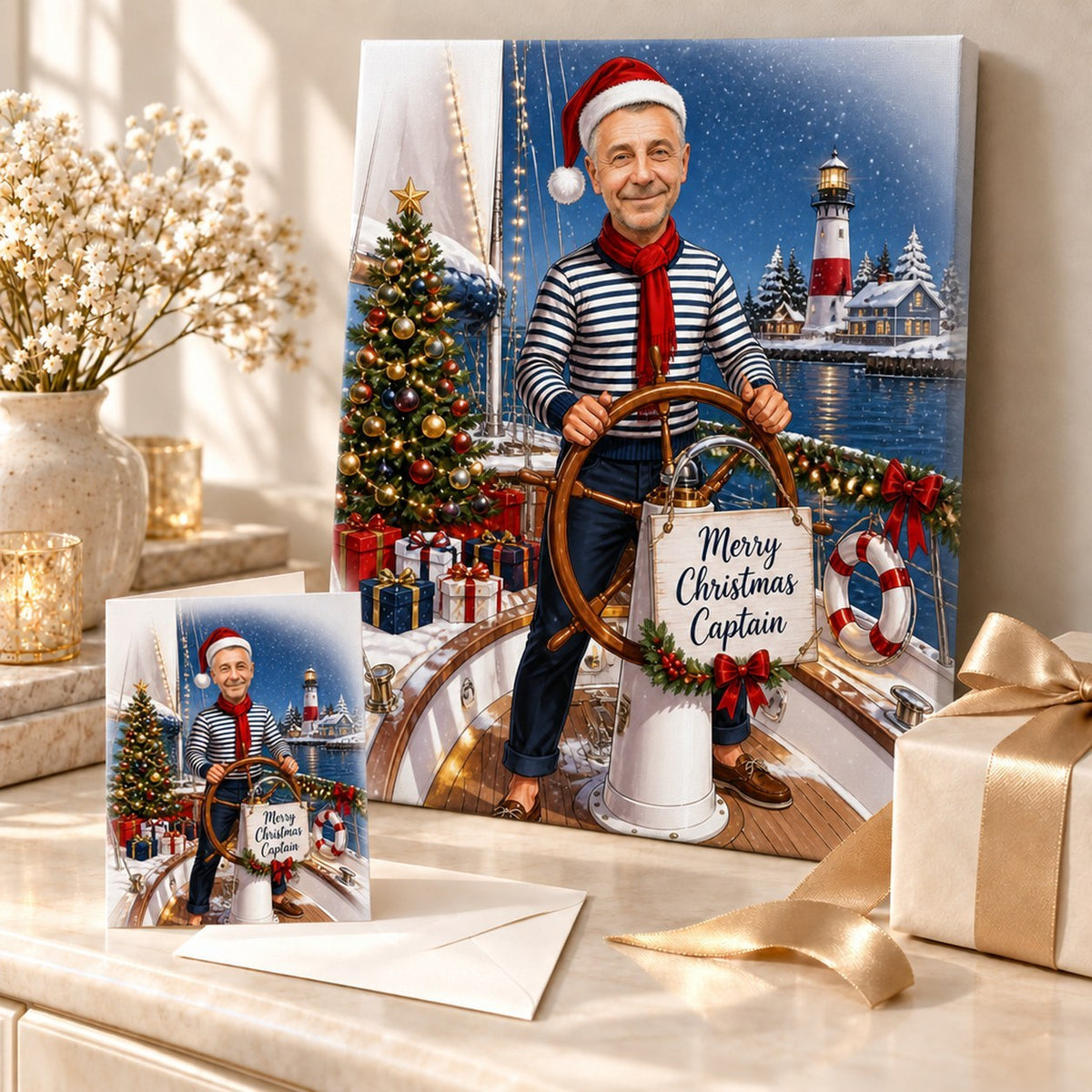Stretched canvas and 5x7 card of the sailing captain artwork, ready to gift with holiday wrapping.