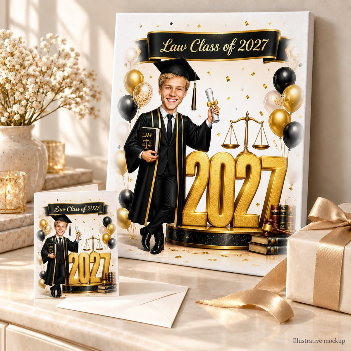 Law graduation caricature printed on canvas and 5x7 card beside wrapped gifts and confetti.