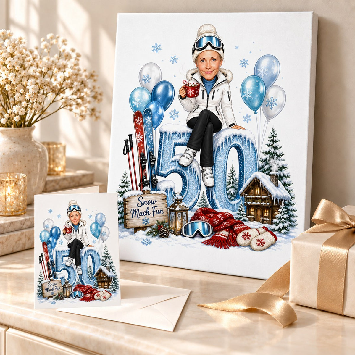 Ski caricature printed on canvas and 5x7 card, ready to gift with winter decor.