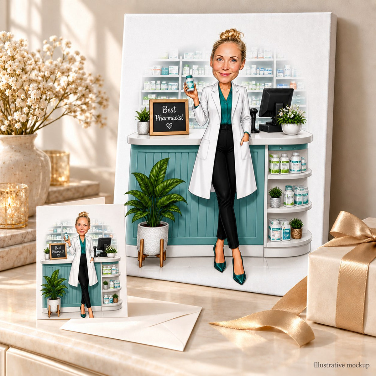 Pharmacist caricature shown on canvas and 5x7 card, ready to gift.