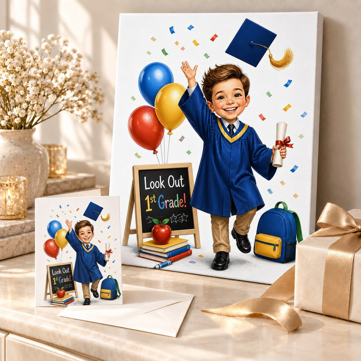 Canvas and 5x7 greeting card of kindergarten grad caricature displayed in a cheerful gift scene.