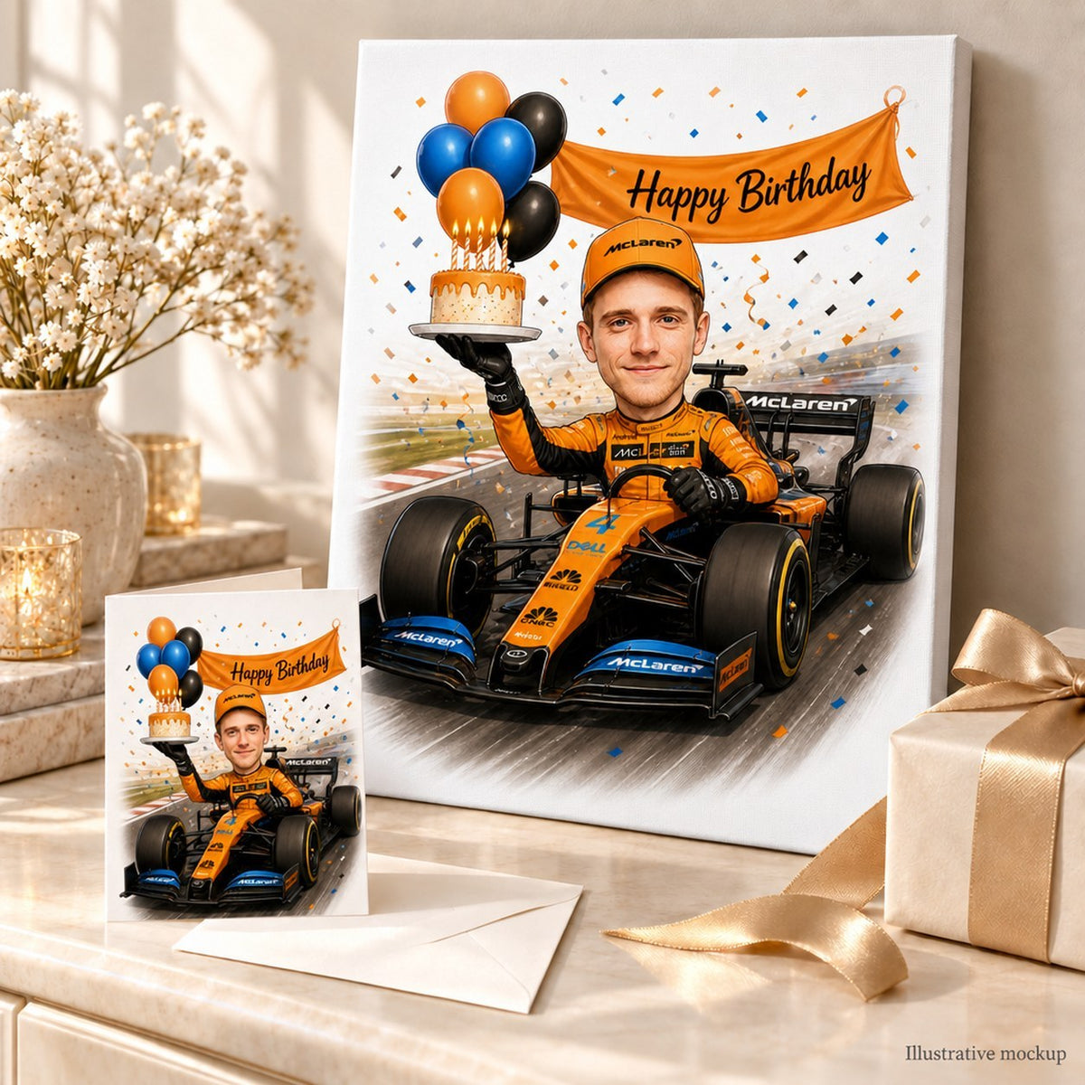 Orange Formula 1 birthday caricature shown on canvas and 5x7 greeting card beside wrapped gifts.
