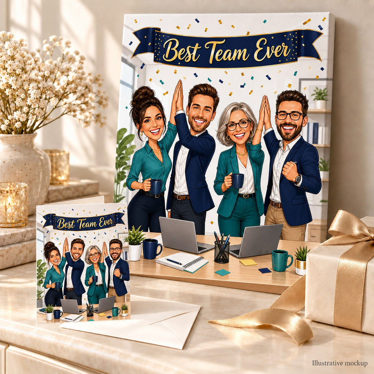 Best Team Ever team caricature printed on canvas and a 5x7 card in a gift scene.