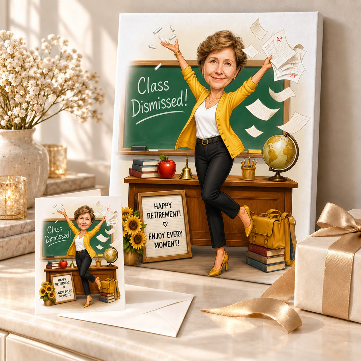 Canvas and 5x7 card with teacher retirement cartoon displayed beside sunflowers and ribbon.