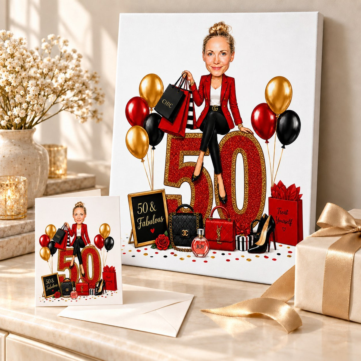 Fabulous birthday caricature on canvas and card beside ribbons and confetti.