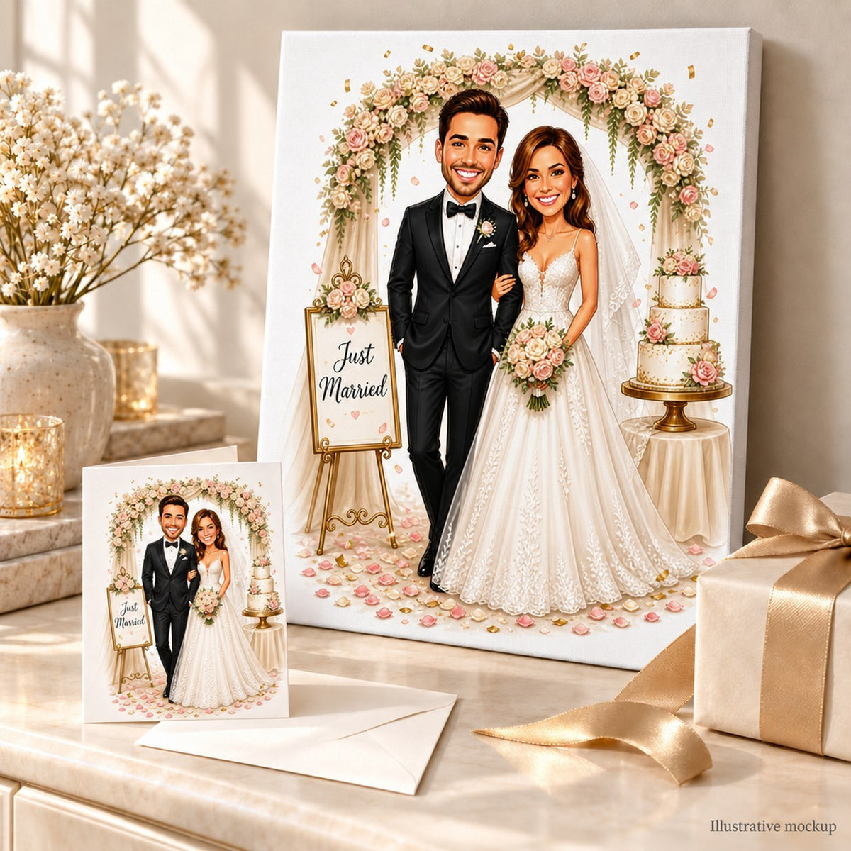 The wedding couple caricature printed on canvas and a 5x7 card beside wrapped gifts