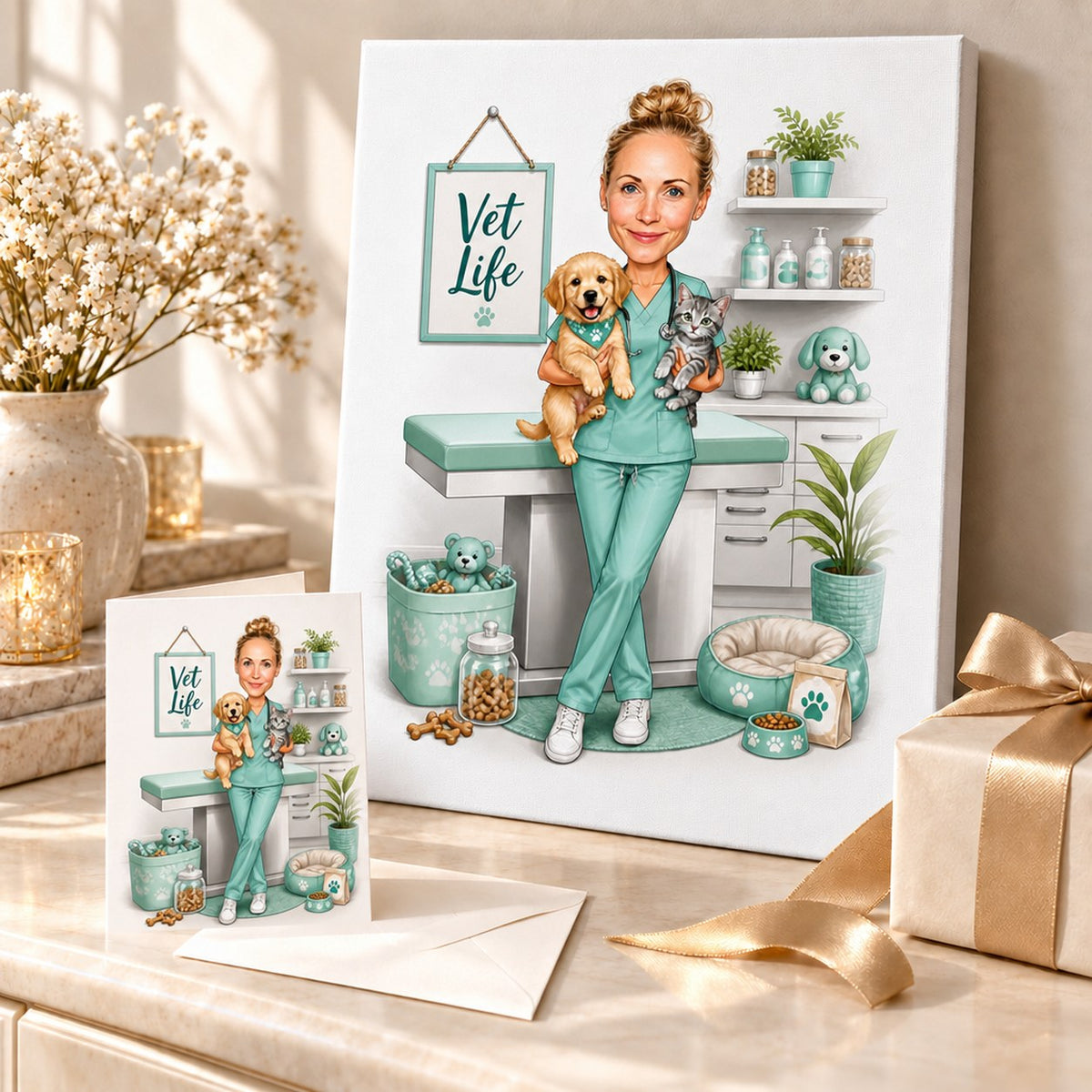 Veterinarian caricature printed on canvas and greeting card beside ribbon and pet treat jar.