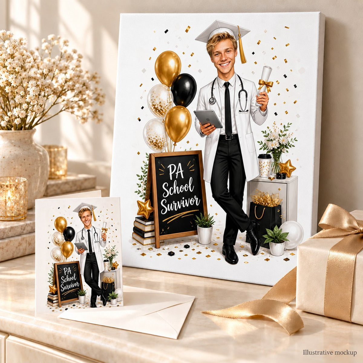 Stretched canvas and greeting card of PA graduation caricature beside gift bag.