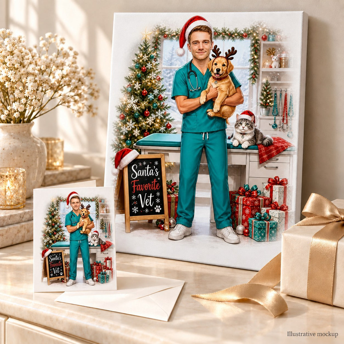Canvas and 5x7 card of vet Christmas caricature with envelope beside wrapped presents.