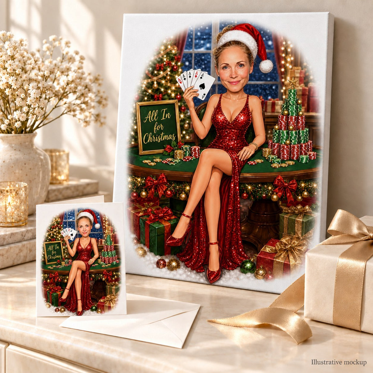 Canvas and 5x7 card of custom poker Christmas caricature beside wrapped holiday gifts.