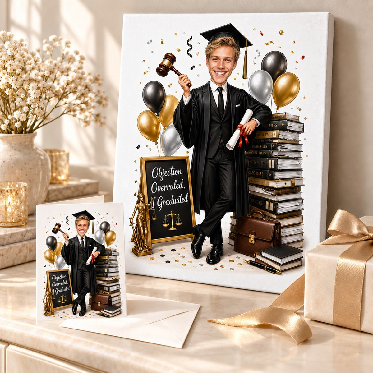 Stretched canvas and greeting card featuring custom law graduation caricature in a celebratory gift setup