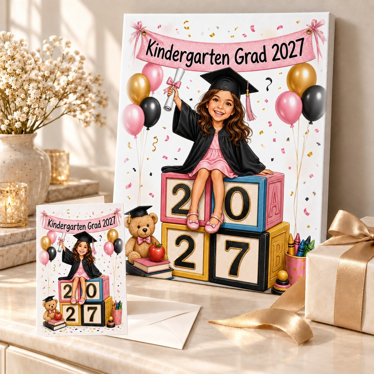 Stretched canvas and 5x7 greeting card of kindergarten grad caricature in gift scene.